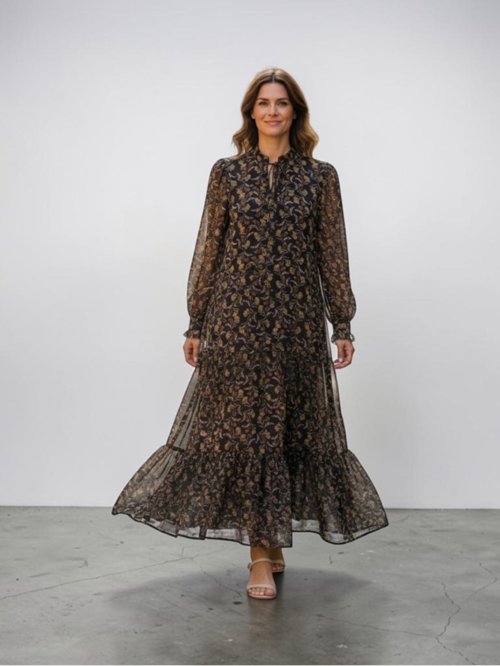 Ted Baker London Black Floral Long-Sleeve V-Neck Dress with Gold Accents